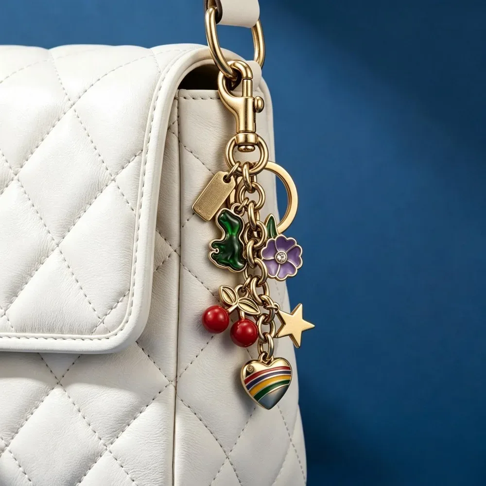 pince clé ornements charmes cerise fleur étoile cœur arc ciel métal doré marron rose décoration sac main porte clés accessoire voyage