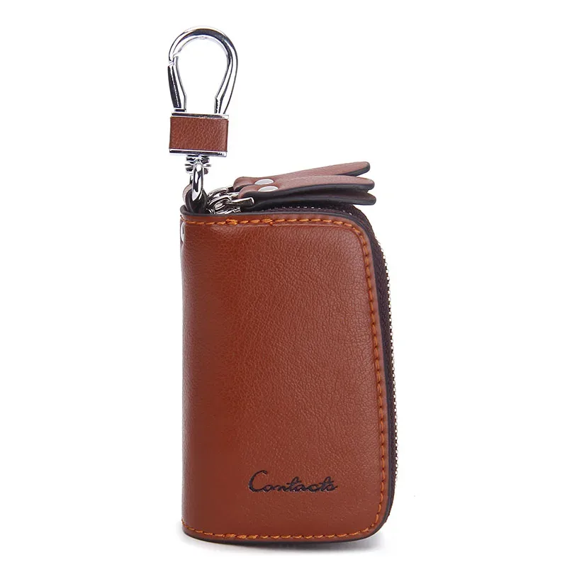contact's – porte-clés de voiture en cuir véritable, porte-clé de mode, organisateur de clés de ménage, double fermeture éclair, étui à clé