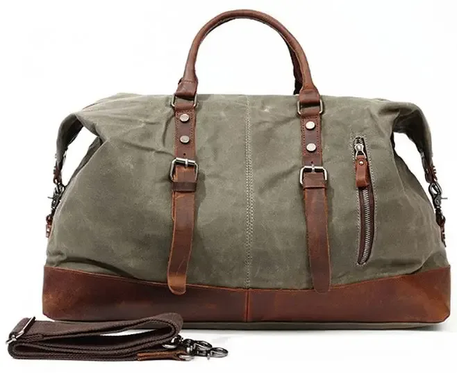 sac de voyage pour homme en toile cirée imperméable et cuir, sac à main, sac de cabine, grand sac fourre-tout vintage, sac de week-end, grand sac de nuit.