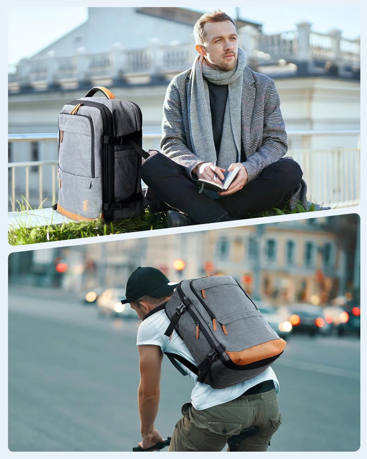 sac dos pvc gris marron bandes fixation latérale ouvrante zippée ceinture air souple décontracté multifonctionnel sport voyage extérieur école