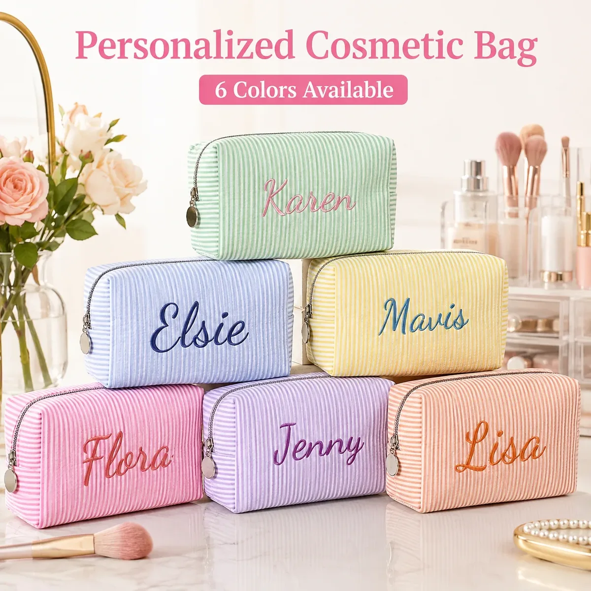 trousse de maquillage personnalisée avec nom pour femmes, pochette cosmétique rayée avec fermeture éclair, sac de rangement personnalisé pour articles de toilette de voyage