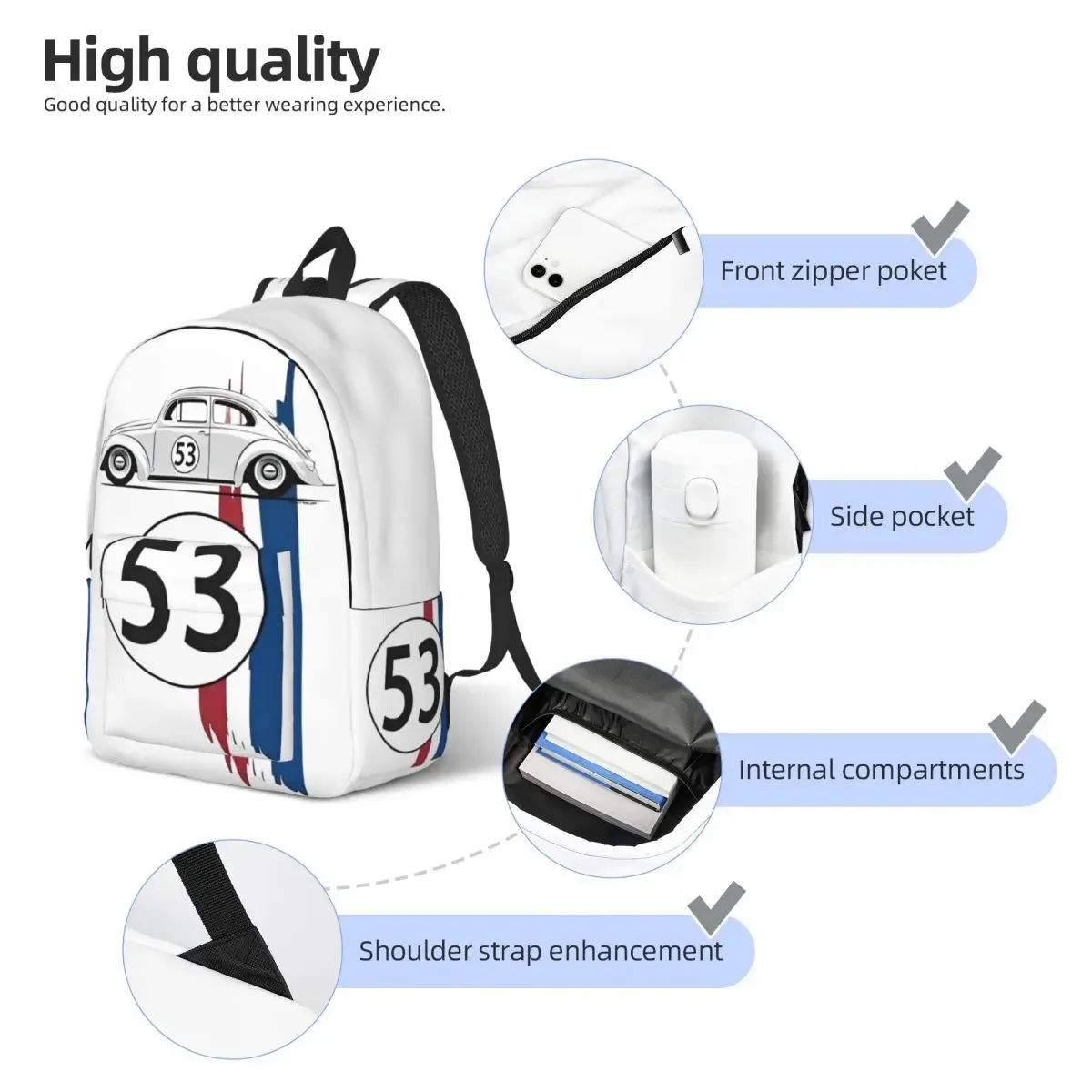 herbie numéro 53 sac à dos pour hommes femmes adolescent école randonnée voyage sac à dos course voiture rayure collège sac à bandoulière avec poche