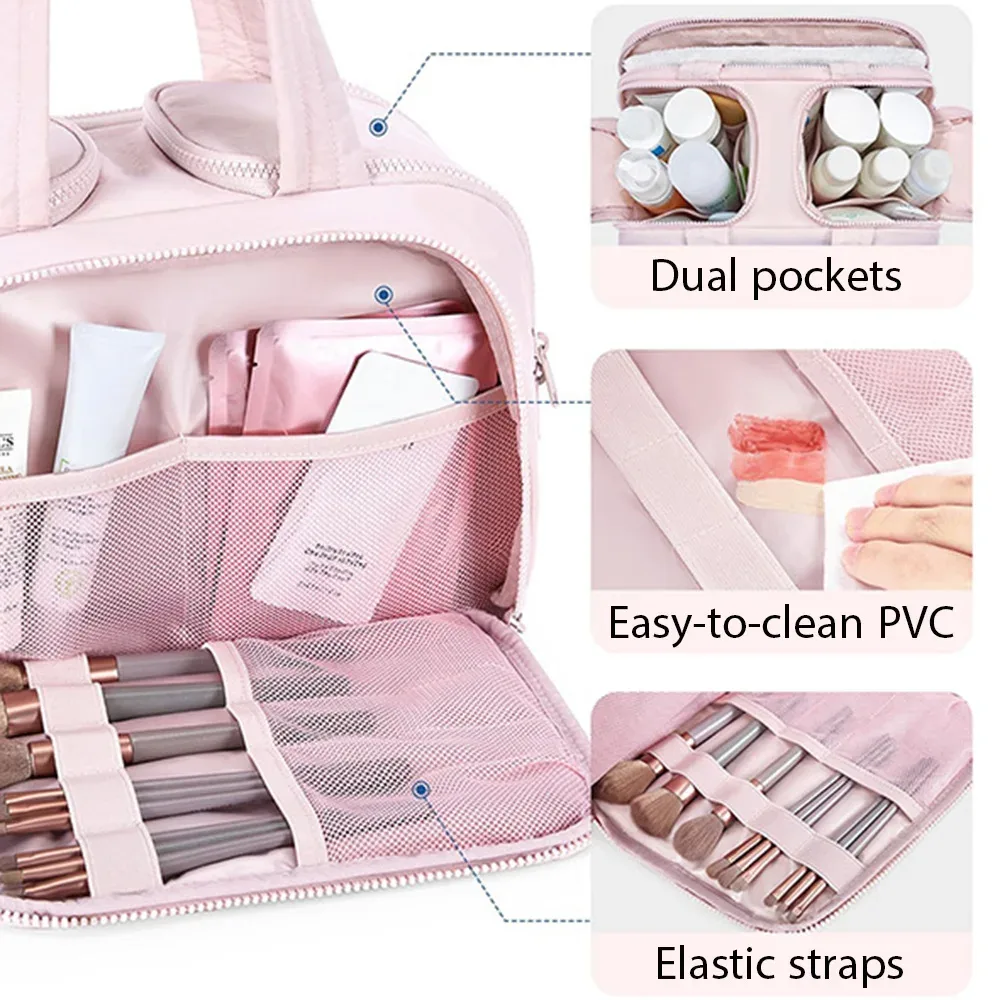 nouvelle trousse de maquillage de grande capacité, trousse de toilette portable, trousse à cosmétiques moelleuse à large ouverture, organisateur de voyage avec compartiments.