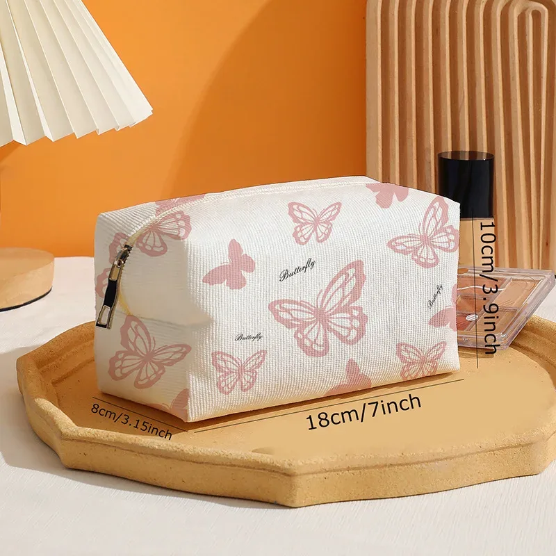 trousse de maquillage en velours côtelé pour femme, sacs cosmétiques de grande capacité, trousse de toilette de voyage, rangement de pinceaux de maquillage, imprimé à la mode