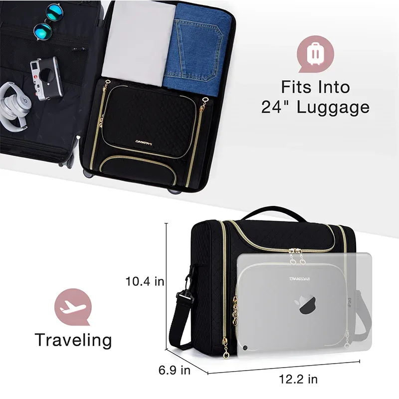 trousse toilette cosmétique pvc noir doré grande capacité organisateur voyage compartiments séparés humidificateur maquillage