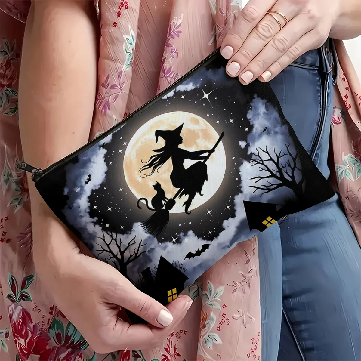 trousse de maquillage forêt enchantée sorcière et chat pleine lune – pochette cosmétique thème halloween effrayant avec chauves-souris, étoiles et motif pleine lune