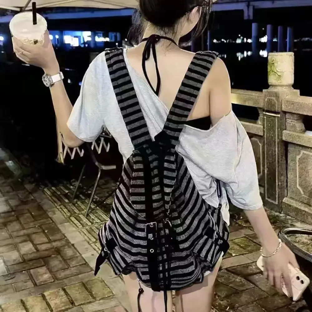 sacs à dos de style coréen unisexe, sacs à livres à rayures plates, sacs fourre-tout souples de grande capacité, conception de ficelle de proximité, haute qualité