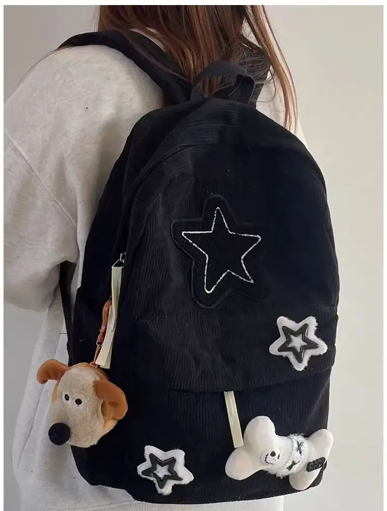 sac à dos d'école de grande capacité pour adolescentes y2k, sac à dos pour ordinateur portable à motif d'étoile pour filles, sac à dos en velours côtelé, sac à bandoulière à double sangle