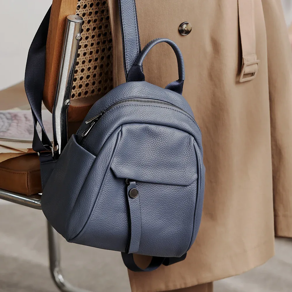 sac à dos portable en cuir véritable pour adolescente, sac à dos en peau de vache souple, sac à dos pour femme, bleu simple, 2 tailles, haute qualité, nouvelle mode