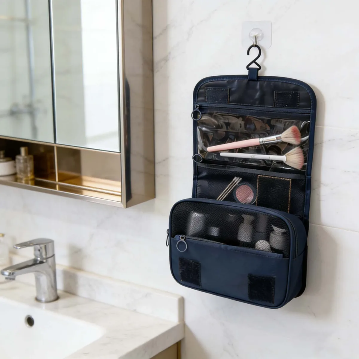 trousse de maquillage de voyage imperméable premium pour femmes – organisateur de toilette suspendu avec crochet, pochette de lavage spacieuse pour salle de bain et compartiment sec/humide