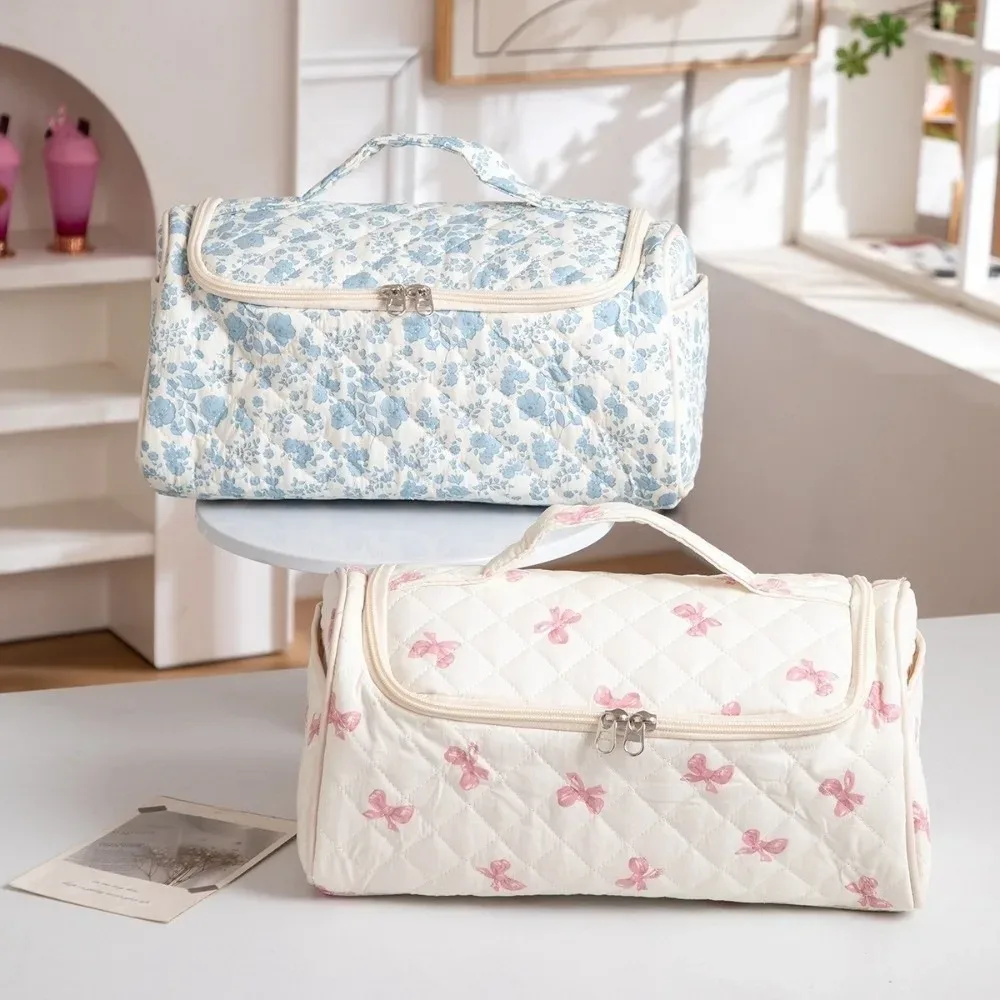 trousse de toilette tendance matelassée, trousse à maquillage portable avec nœud, sac de voyage grande capacité de haute qualité pour sèche-cheveux pour femme
