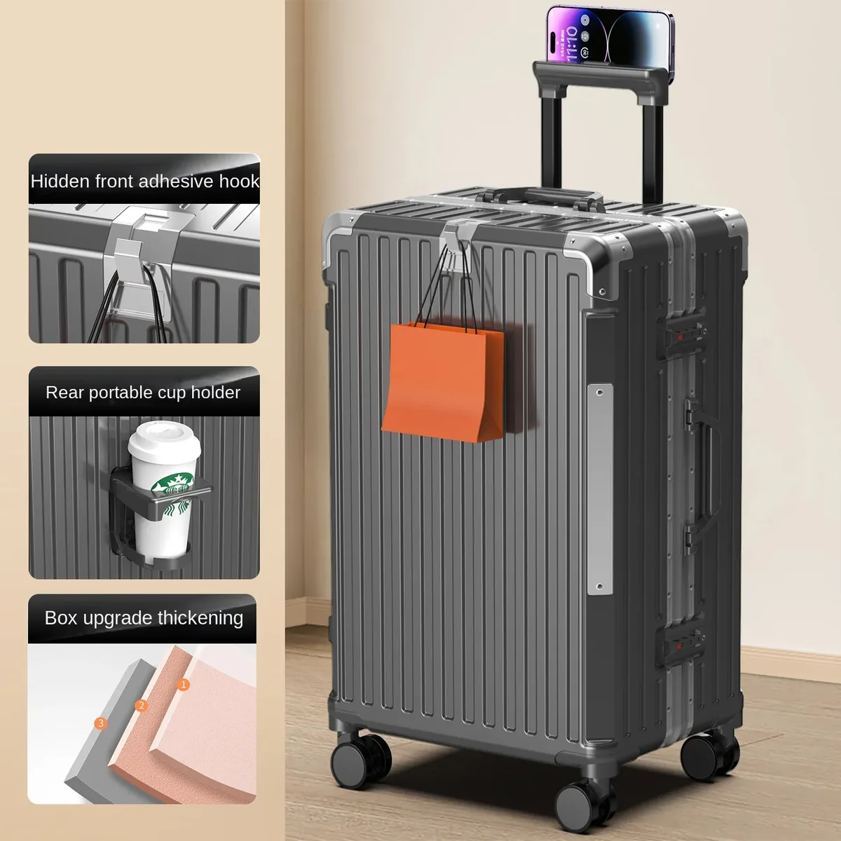 valise de voyage à cadre en aluminium, nouvelle valise à roulettes pour homme, bagage de grande taille 28/30 pouces, valise cabine 20 pouces avec serrure à combinaison