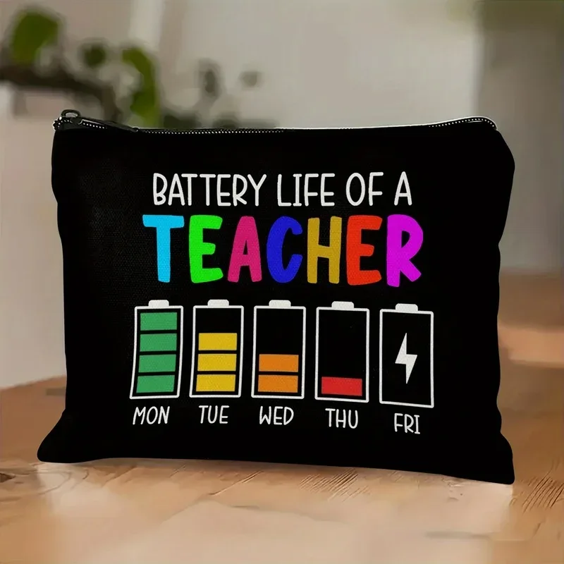 trousse de maquillage sur le thème des enseignants, avec un motif amusant illustrant la durée de vie de la batterie, fermeture éclair résistante, idéale pour les produits de beauté, les fournitures scolaires, les collations, pour les enseignants.