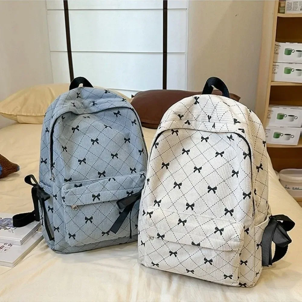 sac à dos en velours côtelé style coréen tendance, grande capacité, imprimé nœud, avec bretelles réglables, pour collégiens
