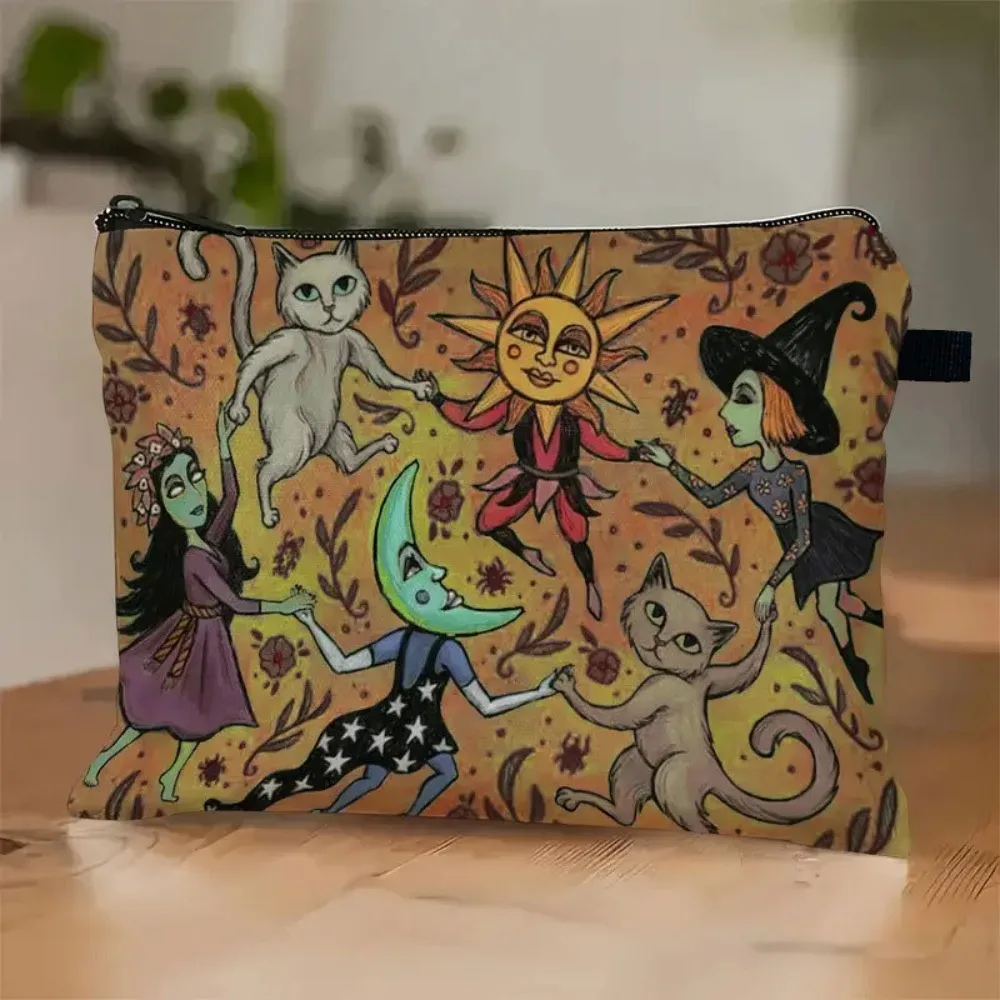 trousse polyester fantaisiste chats sorcière soleil lune vert étudiante cosmétique maquillage stylos rangement voyage