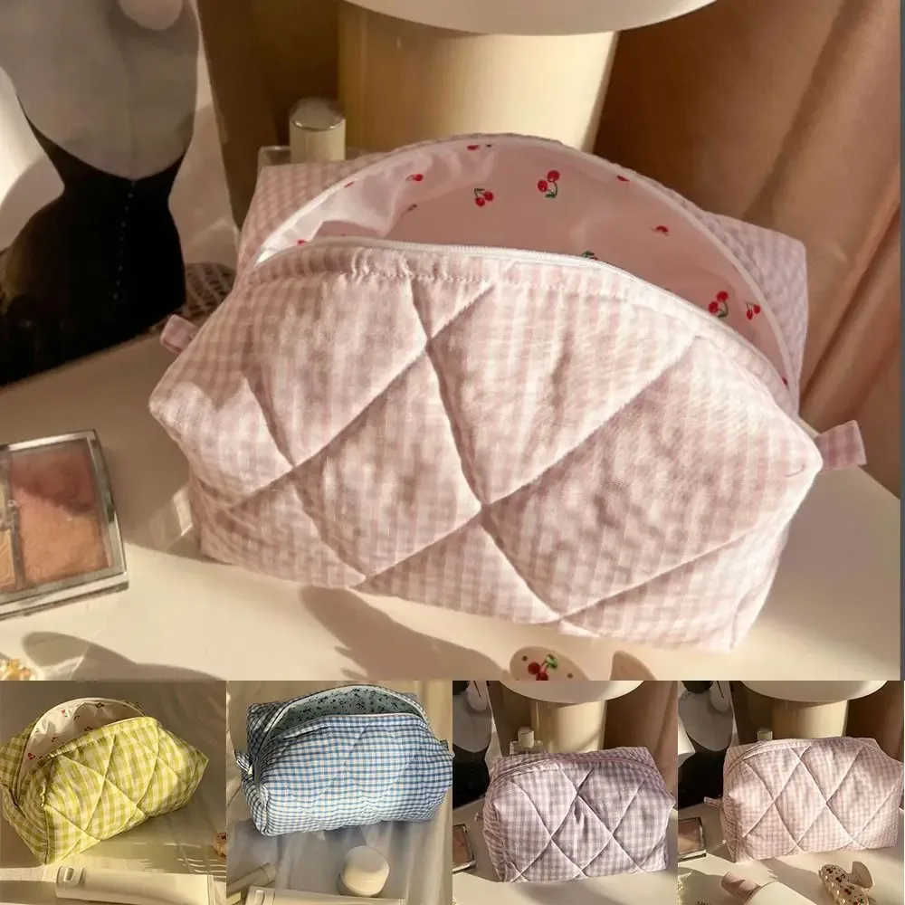 trousse de maquillage en coton matelassé, trousse de toilette portable à carreaux avec fermeture éclair, grande capacité, poudres de soin de la peau, voyage