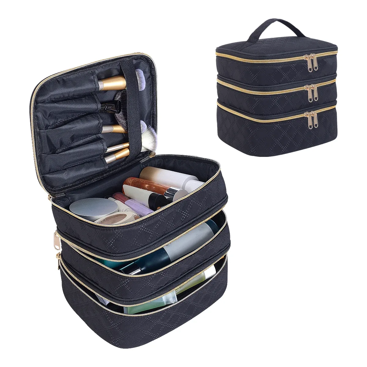 trousse de maquillage matelassurera à 3 couches, grande capacité, adaptée aux voyages et à la maison