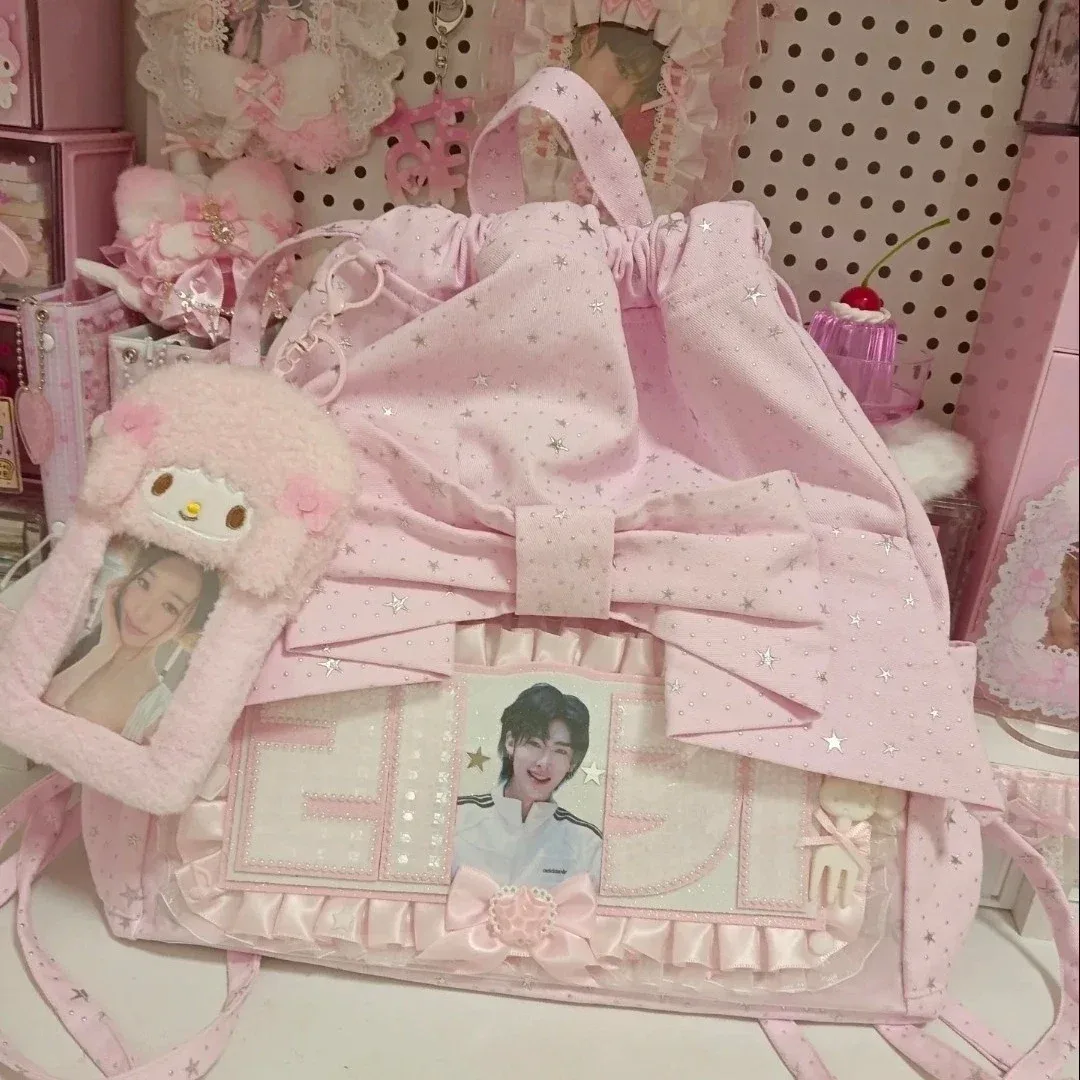 sac ita à cordon de serrage style étoile japonaise ulzzang, sac à poupées, nœud, grand sac à dos polyvalent pour femme, idéal pour les trajets quotidiens, sac ita mignon et adorable