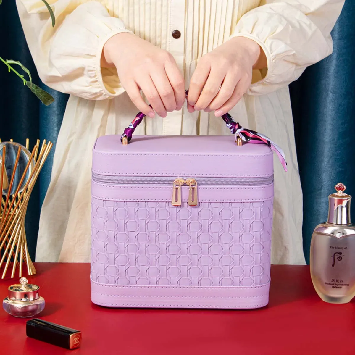 trousse de maquillage portable beauty master : boîte de rangement cosmétique de luxe avec foulard en soie offert