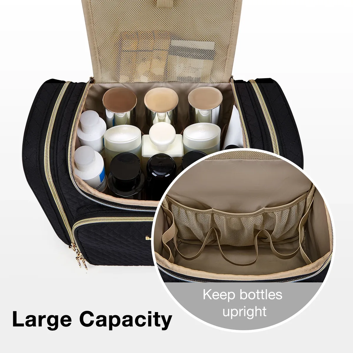 trousse toilette cosmétique pvc noir doré grande capacité organisateur voyage compartiments séparés humidificateur maquillage