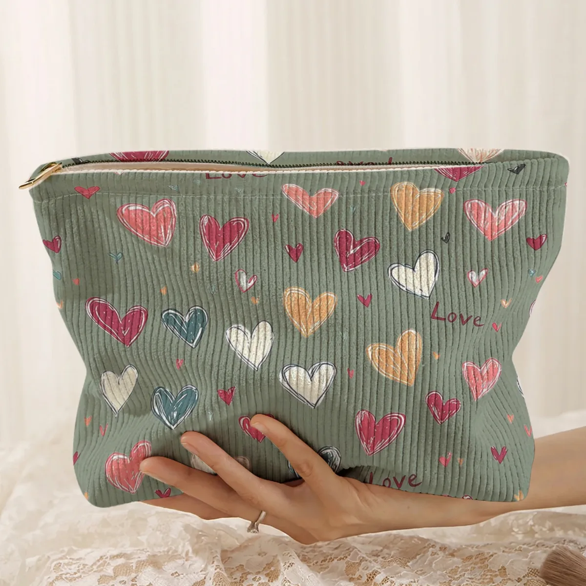 1 pièce, sac de rangement portable pour cosmétiques avec motif de cœur coloré, imprimé double face, sac de maquillage de voyage à fermeture éclair