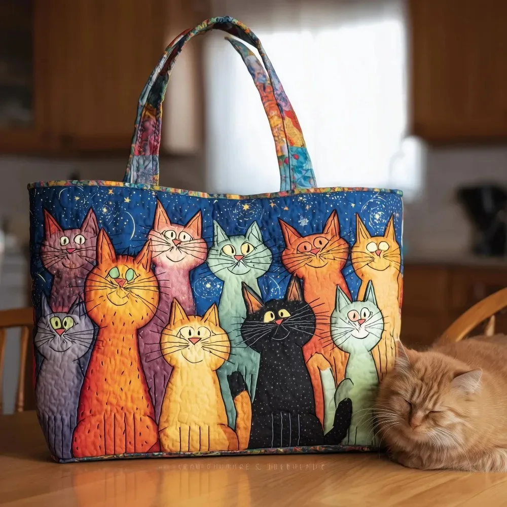 sac fourre-tout matelassé à motifs de chats pour femmes, sac à bandoulière en toile légère vintage, sac de voyage en coton de grande capacité pour femme et fille