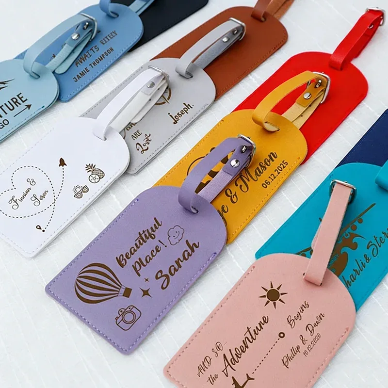 étiquette bagage cuir personnalisable multicolore motif voyage identité valise nom design créatif engraving logo