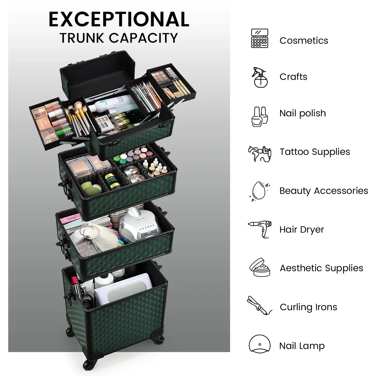 valise de maquillage professionnelle 4-en-1 sur roulettes, trolley de cosmétologie, mallette de maquillage à roulettes, boîte à cosmétiques amovible, valise de voyage pour maquillage avec rangement pour clés, chariot de voyage, chariot à maquillage sur roulettes, coffre de rangement extra large pour maquillage, ongles et coiffure, mallette rigide pour maquillage