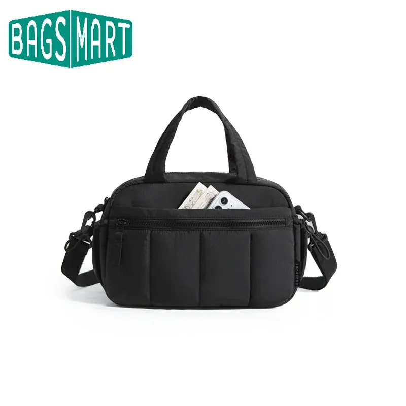 Sac Voyage Polyester Noir Pochette Bandoulière Poignée Supérieure Poches Zippées Latérales Avant Usage Week-end Loisirs Étudiants Femmes
