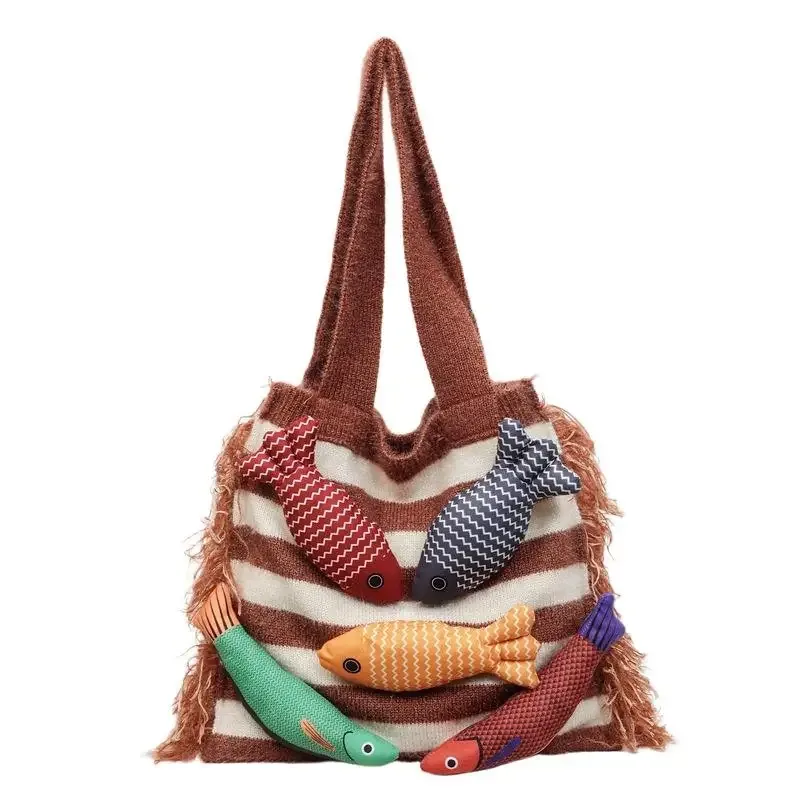 sac fourre-tout tricoté décontracté motif petit poisson mignon, nouveauté été, sac à bandoulière polyvalent pour trajets quotidiens, avec découpes contrastées