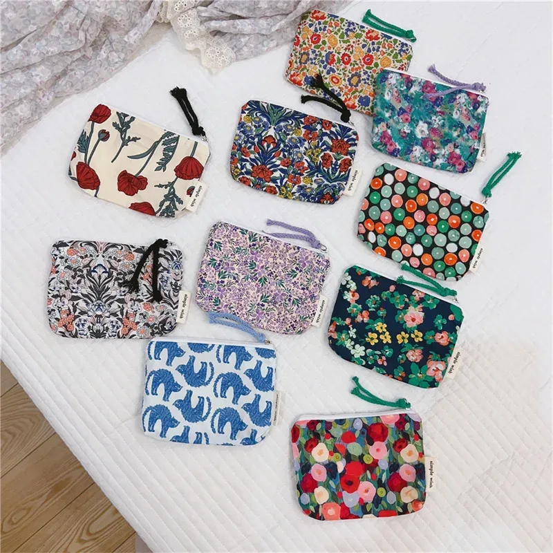 porte-monnaie en coton imprimé floral frais d'été, mini sac de rangement en tissu, petit sac pour écouteurs, pochette de voyage pour cosmétiques, sac de rangement pour maquillage