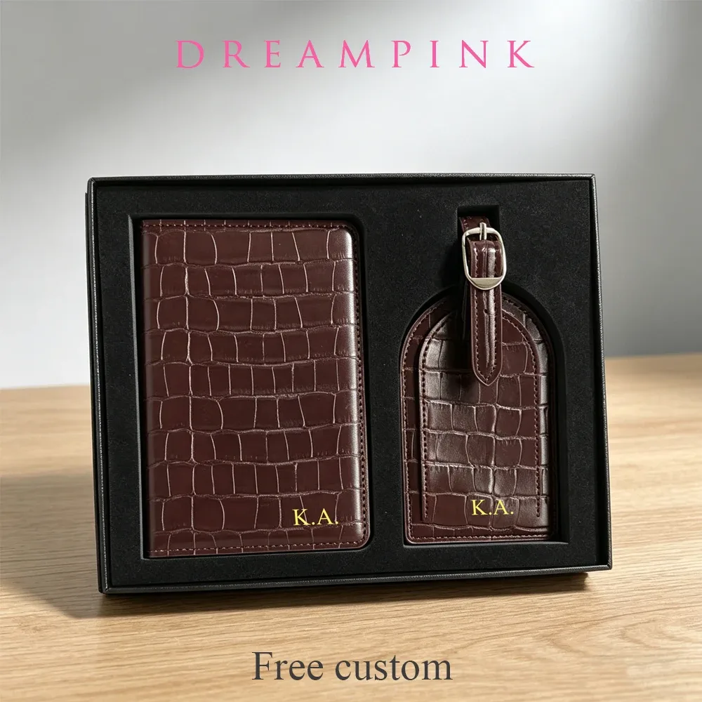 étiquette bagage plastique similicuir motif crocodile rose marron voyage business cadeau personalisation boîte présent