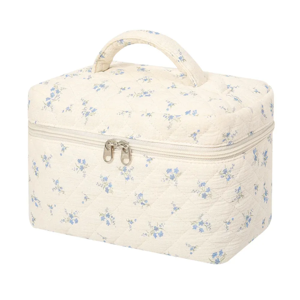 sac de maquillage à main avec nom brodé personnalisé, sac de rangement portable en coton floral de grande capacité, sac à cosmétiques de voyage en plein air