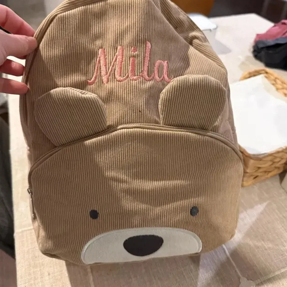 sac à dos en velours côtelé personnalisé avec nom, broderie, sac à dos de loisirs pour étudiants, grande capacité, mignon sac à dos ours en peluche pour la rentrée scolaire