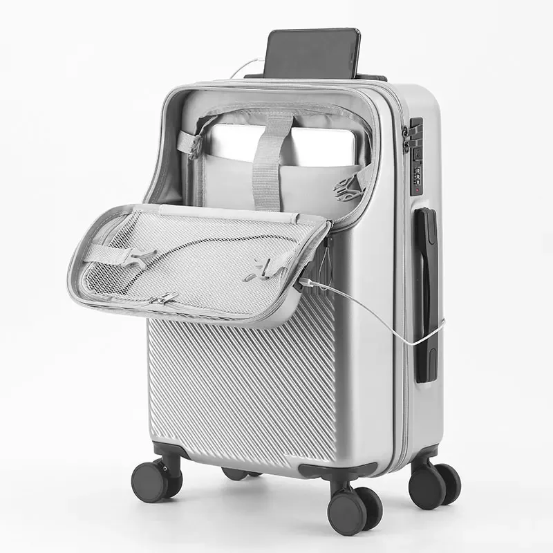 valise multifonctionnelle à ouverture frontale avec fermeture éclair, porte-gobelet, support latéral et crochet de maintien, bagage à roulettes
