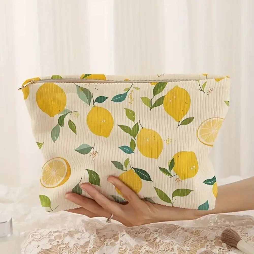 sac à cosmétiques portable citron jaune, style coréen avec fermeture éclair, pochette à cosmétiques, trousse de toilette en polyester pour voyage en plein air