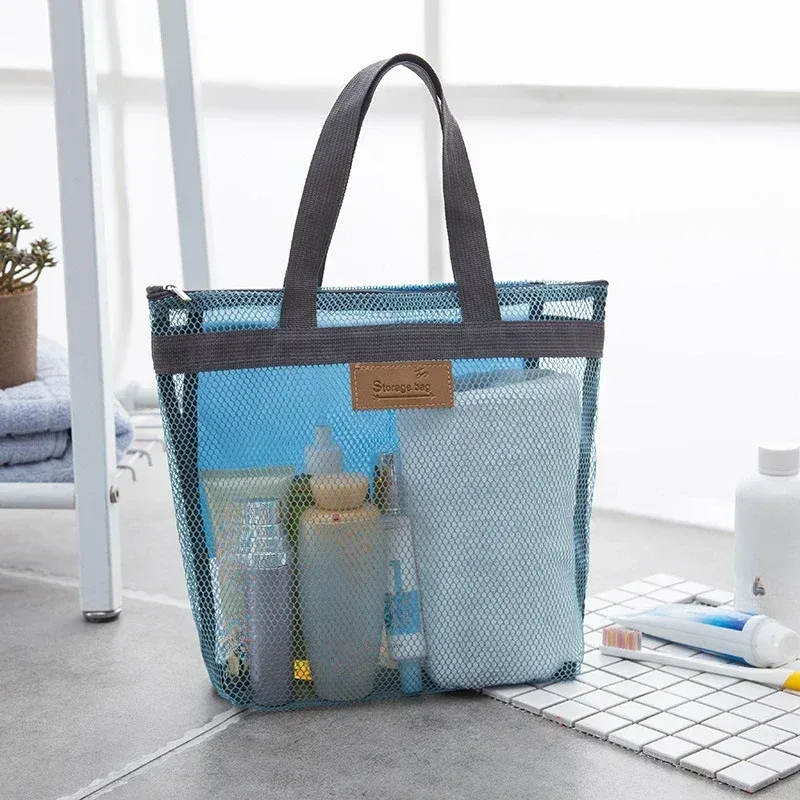 sacs de rangement de maquillage et de toilette en maille, sacs à main portables de voyage plage lavage outils de douche organisateur fourre-tout pochette de rangement de cosmétiques