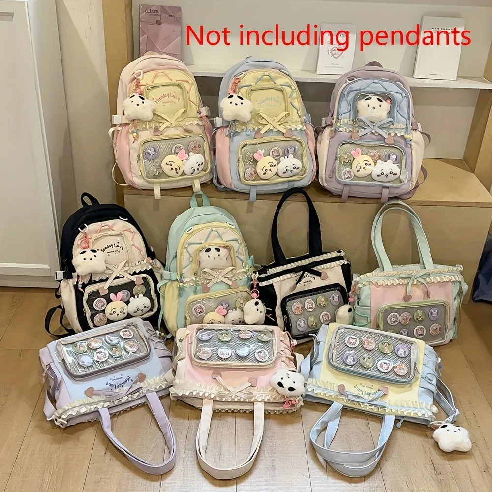 sac dos nylon unisexe pastel gris rose bleu clair motifs lapins coeurs accessoires voyage léger