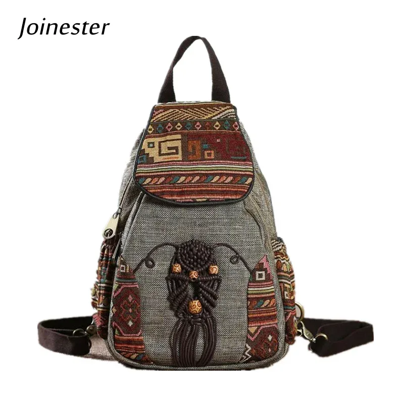 sac à dos rétro en toile brodée pour femmes, bretelles souples, sac à dos à rabat ethnique, cartable léger, sac de voyage pour filles