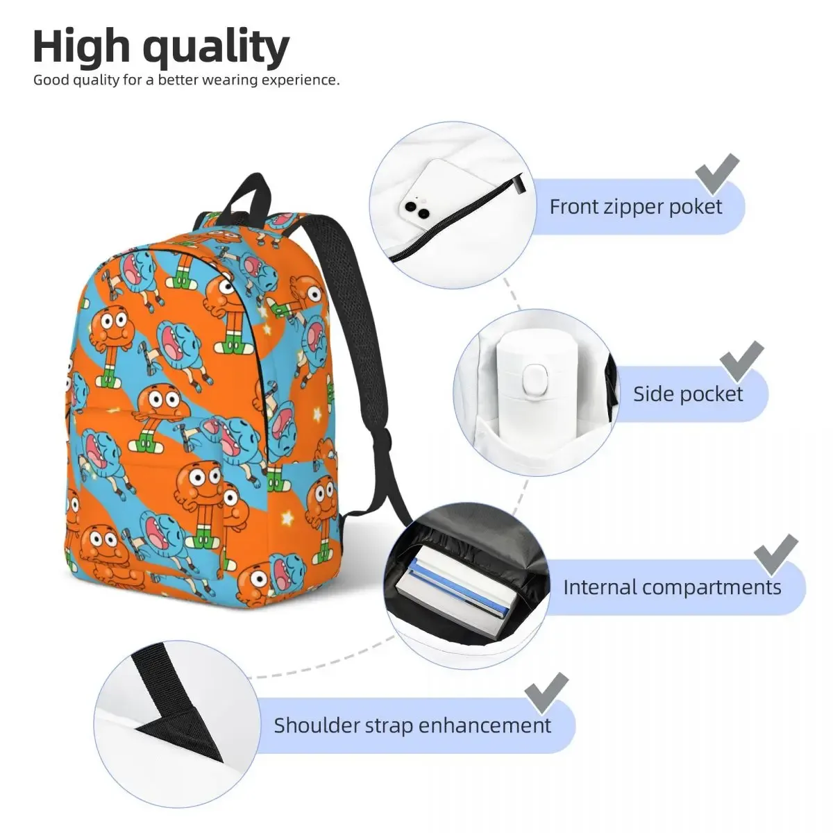 gumball darwin visage mode sac à dos sport lycée affaires jeu vidéo sac à dos pour hommes femmes ordinateur portable toile sacs