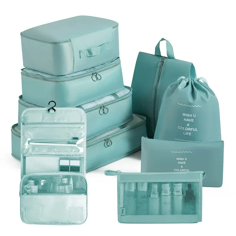 organisateur voyage polyester beige compartiments zippés poches intérieures cube sac compression chaussures pochettes housse vêtements