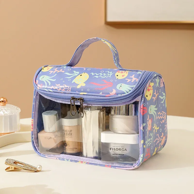 4 pièces sac de maquillage en pvc fleur imprimé sac à main de lavage transparent pochette cosmétique de voyage étanche trousse de toilette pratique porte-monnaie