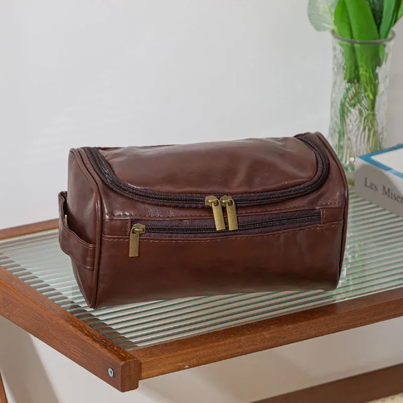 trousse de toilette de voyage en cuir pour hommes et femmes, grande capacité, organisateur de cosmétiques avec crochet de suspension, sac de rangement maquillage étanche