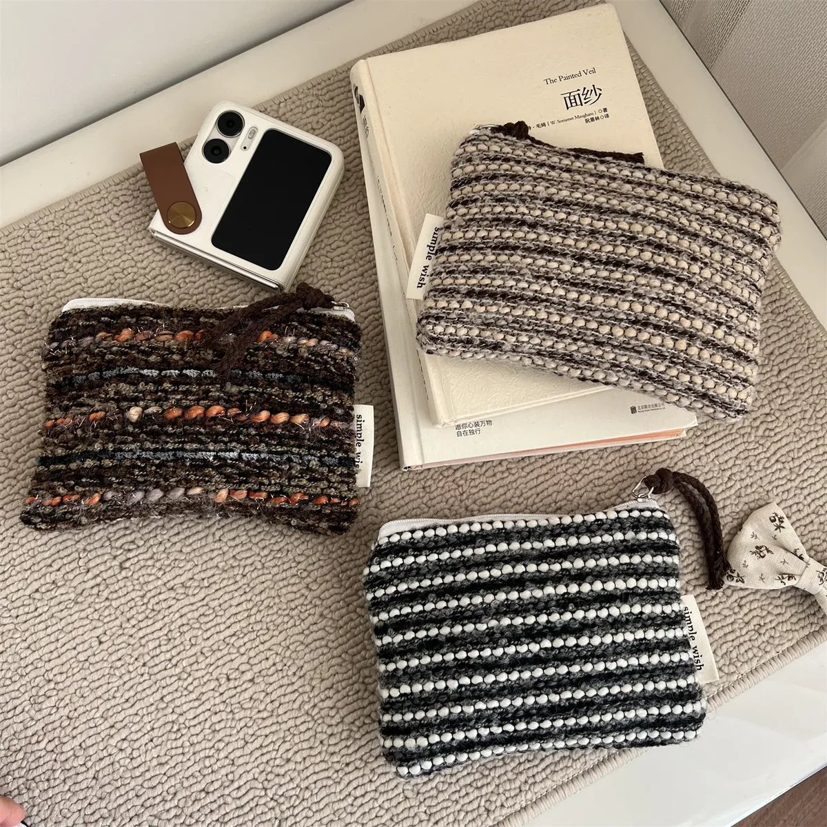 mini sac à cosmétiques rétro à carreaux et rayures, organisateur de maquillage, pochette à cosmétiques élégante, sac de rangement polyvalent d'hiver pour femmes
