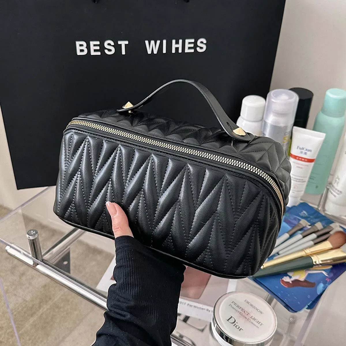 trousse de maquillage en pu de qualité supérieure, grand niveau d'apparence, trousse de toilette de voyage à la mode, nouveau sac de rangement de cosmétiques de couleur unie