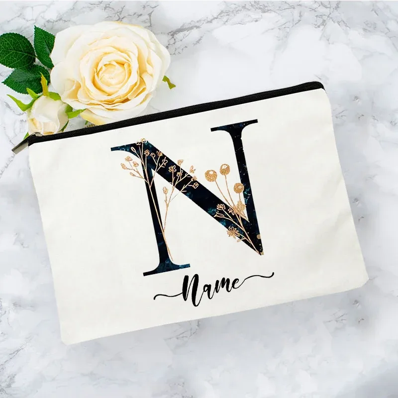pochette organisatrice en toile noire et or de luxe avec initiales, sac de voyage pour cosmétiques, cadeau de toilette d'anniversaire avec nom personnalisé