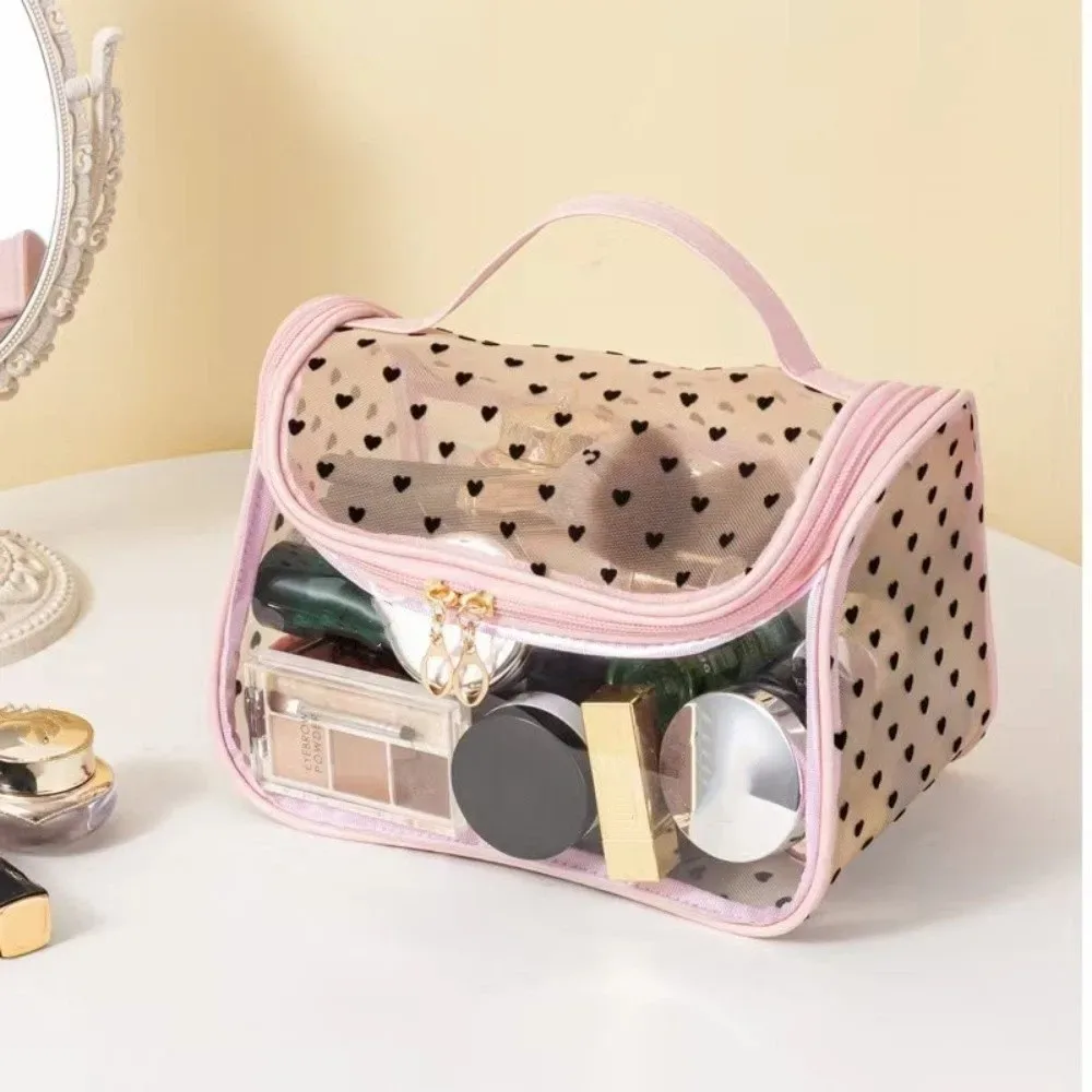 sac de maquillage portable grande capacité en maille, motif cœur, avec fermeture éclair, organiseur de toilette, sac de rangement transparent pour extérieur
