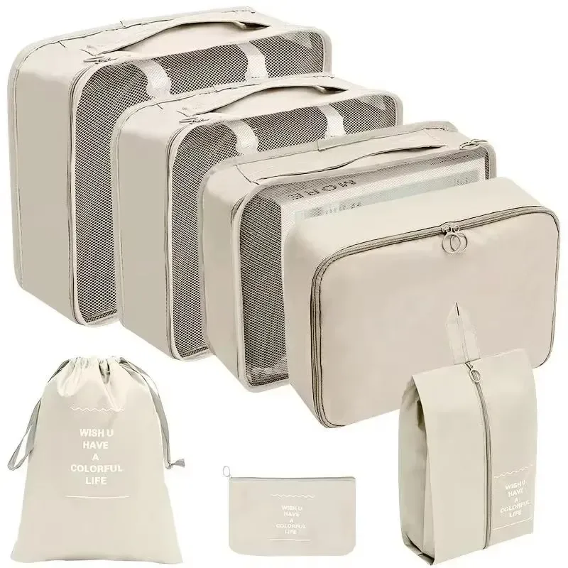 organisateur voyage polyester décontracté multicolore grand sac petits sacs pochette compression chaussures tris rectangulaire poignée fermeture glissière motif maille tissu résistant