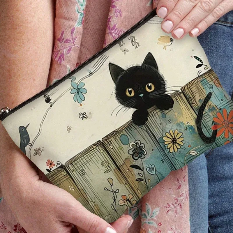 pochette à fermeture éclair florale chat noir, durable et résistante à la décoloration, pour maquillage, sac cosmétique de voyage pour femme, idéal comme cadeau