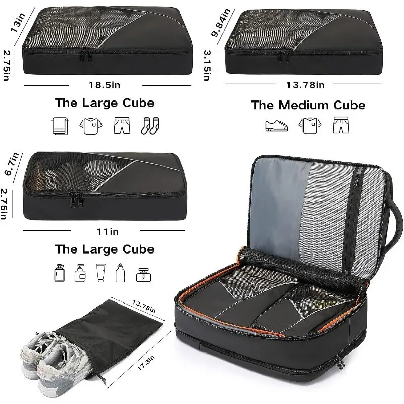 sac à dos de voyage extensible de 40l à 50l avec 3 cubes d'emballage, pour ordinateur portable de 17.3 pouces, grande capacité, pour hommes et femmes